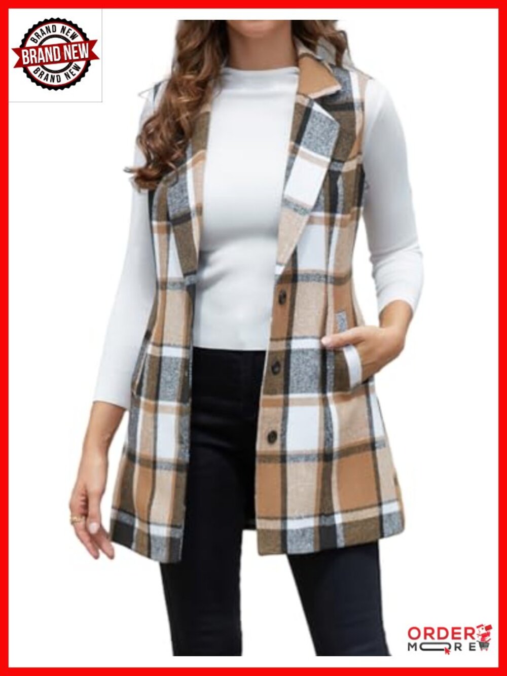 Long Plaid Sleeveless Vest Blazer Jacket with Pockets, Notch Lapel, Woolen